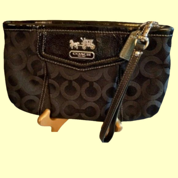 Coach Handbags - Coach Wristlet Black Patent Leather & Black Canvas  w/signature design.Zip Close